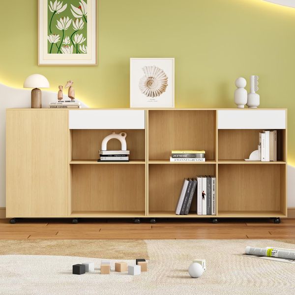 Credenza Flieks Credenza Da Soggiorno Con Vano A Giorno, Credenza A Cassettiera Con Ruote, Credenza Mobile, 222X34X95Cm, Finitura Naturale-image