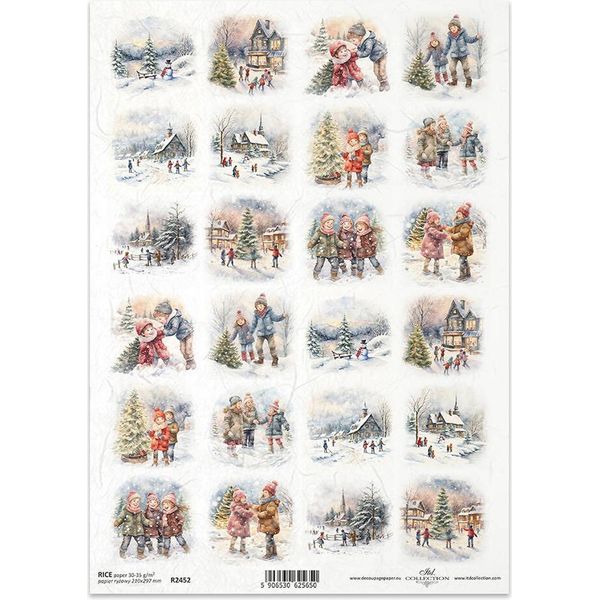 Itd Carta Di Riso Decoupage Tecnica Artigianale Tovagliolo Di Carta R2452 Panorami Invernali, Giochi Invernali Per Bambini-image