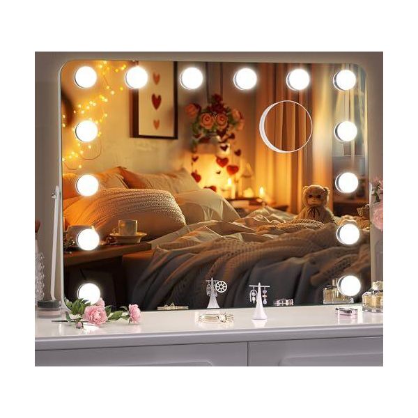Hashipu Hollywood Specchio Cosmetico Luminoso, 45 X 35 Cm, Specchio Per Il Trucco A Led, 3 Modalità, Luce, Controllo Touch Intelligente, Dimmerabile, Rotazione A 360°, Arrotondato-image