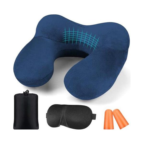 Bbjinronjy -Cuscino Da Viaggio, Cuscino Per Il Collo Gonfiabile, Tappi Per Le Orecchie, Morbido Velluto, Ergonomico Per Ufficio, Aereo, Auto, Viaggio, Campeggio, Riposo Notturno-image