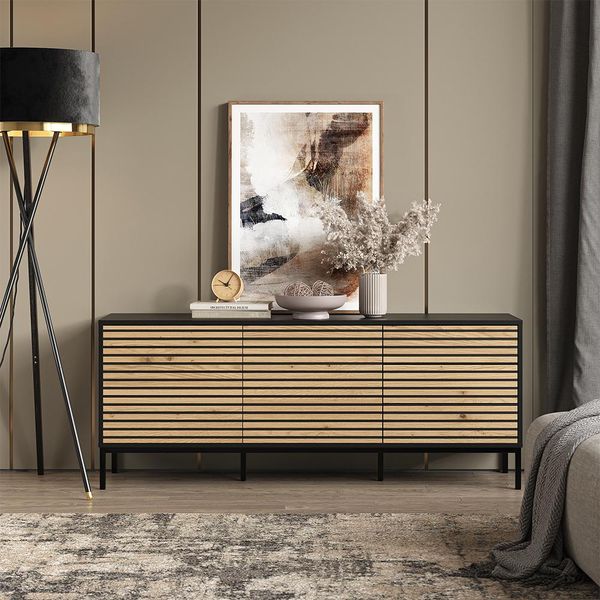 Vicco Cassettiera Eliza, 150 X 60 Cm Con 3 Cassetti, Nero/Quercia-image