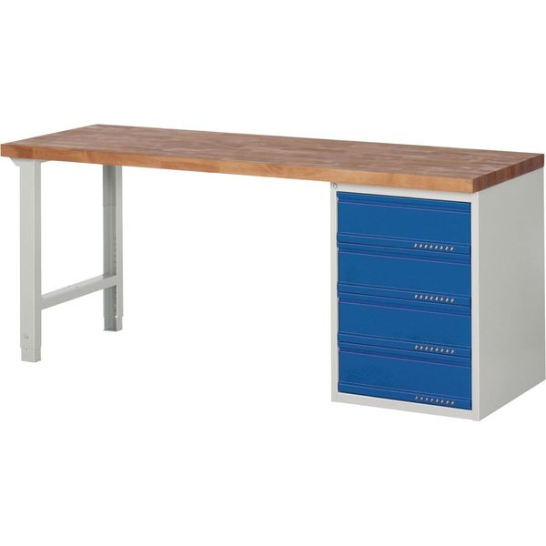 Banco Da Lavoro Serie Bk 650 B2000Xd700Xh840Mm Faggio Massiccio Grigio Chiaro / Blu Genziana 4 Cassetti-image