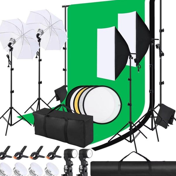 Set Per Studio Fotografico – Softbox, Lampade Led E Green Screen Con Sistema Di Sfondo – Treppiedi – 300X200 Cm-image