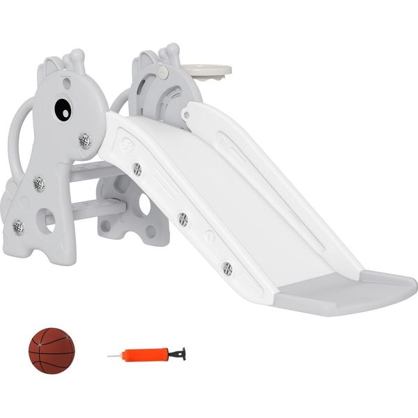 Scivolo Per Bambini, 3 In 1, Scivolo Per Bambini Con Canestro, Scivolo Con Canestro Per Bambini Da 1 A 3 Anni, Per Interni, Grigio 106 X 51,5 X 52 Cm Aosom-image