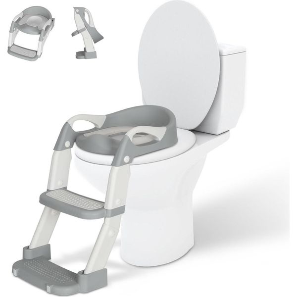 Jayseuw Water Trainer Learning Potty Sedile Del Water Regolabile In Altezza Sedile Del Water Per Bambini Con Maniglie, Pieghevole Con Gradini Grigio-image