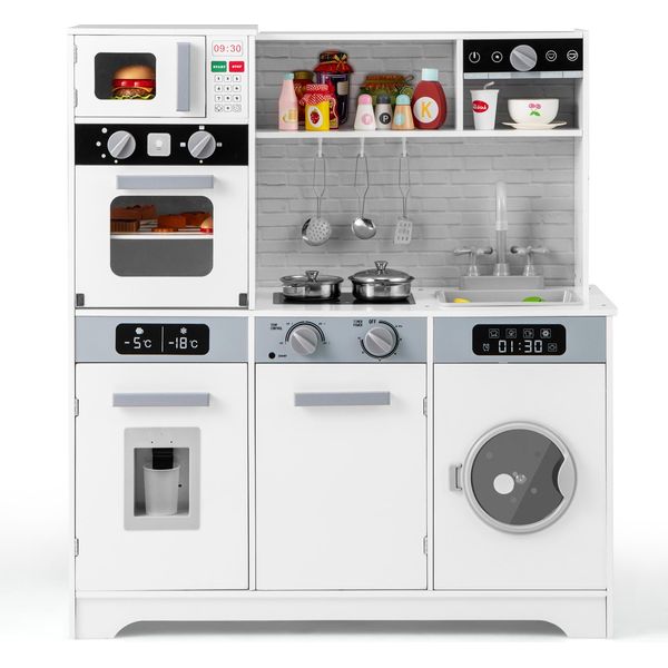 Cucina Per Bambini Costway Con Luci E Suoni, Cucina Giocattolo Con Lavatrice, Lavello, Rubinetto, Distributore D'acqua, Microonde E Forno Per Bambini A Partire Dai 3 Anni Di Età-image