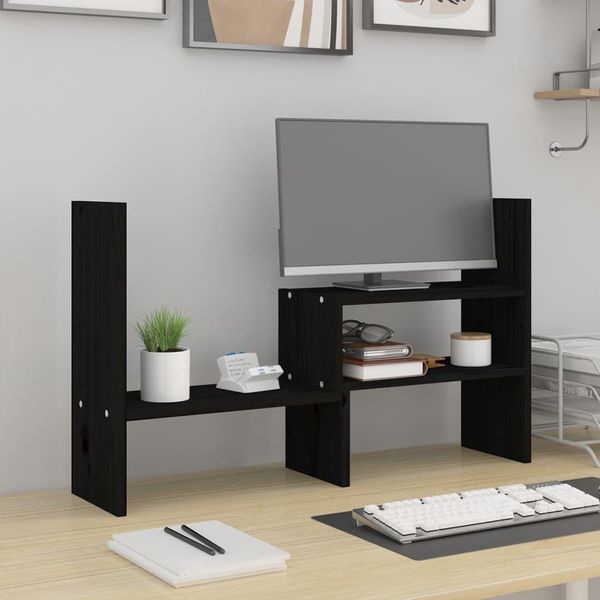 The Living Store Supporto Per Monitor Nero (39-72)X17X43 Cm Legno Di Pino Massiccio-image