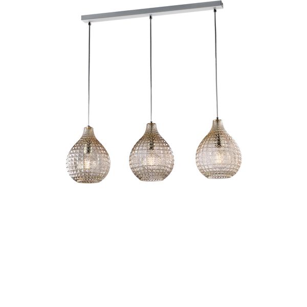 Diamante Binario In Ferro Laccato Bianco E Montatura Cromo Con Cavi Regolabili E Diffusori In Vetro Soffiato Ambra Con Dec. Effetto Cristallo 3 Luci-image