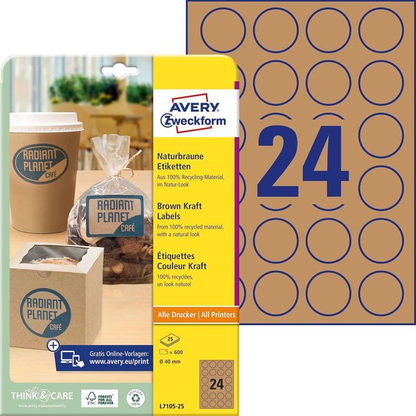 Avery Zweckform L7105-25 Avery Zweckform Etichette Marroni Naturali, Rotonde, Diam. 40 Mm-image