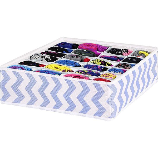Scatole Portaoggetti Springos, Organizzatore Per Cassetti A 24 Celle Per Calzini, Cravatte, Organizzatore Pieghevole Per Cassetti Per Calzini (Bianco-Blu)-image