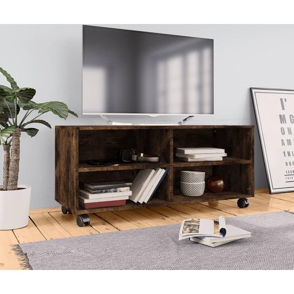 The Living Store Mobile Tv Con Rotelle Rovere Fumé 90X35X35 Cm Materiale In Legno-image