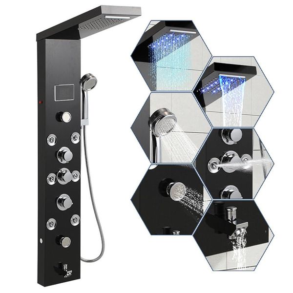 Pannello Doccia Izrielar Per Bagno Con 6 Getti Idromassaggio, Colonna Doccia Multifunzionale Con Grandi Ugelli Massaggianti, Doccia A Pioggia E Doccetta, Nero-image
