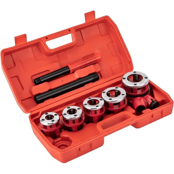 Set Di Filettatori Per Tubi - A Mano - 5 Teste Di Taglio 0,95/1,27/1,90/2,54/3,18 Cm - Acciaio Ad Alto Tenore Di Carbonio - Zincato E Temprato - Rosso-image