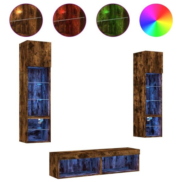 Syfax™ Mobili Tv A Muro Con Led 6Pz Rovere Fumo In Legno Multistrato-image