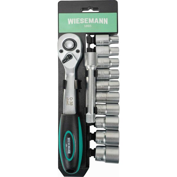 Set Cricchetto E Bussole Da 12 Pezzi 10-24 Mm Con Supporto | Wiesemann 80065 | Cricchetto Con Attacco Da 1/2″ | Prolunga Da 125 Mm | Bussole Con Bocca Esagonale-image