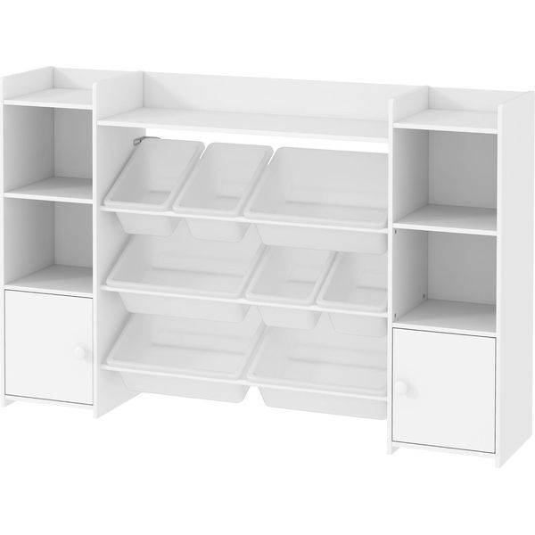 Scaffale Per Giocattoli Per Bambini Con 8 Scatole Rimovibili, 4 Scomparti Aperti, 2 Scomparti Armadio, Libreria Per Bambini Per Camerette, Scuola Materna, 140 X 30 X 90 Cm, Bianco-image