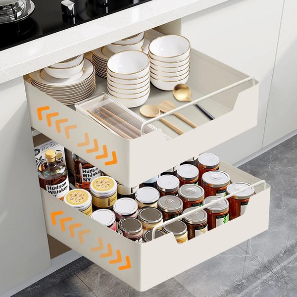 Contenitore Per Armadio Da Cucina - Cestello Estraibile Con Guide - Set Da 2 - Impilabile - Regolabile In Altezza - Plastica - Grigio Chiaro-image