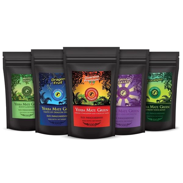 Yerba Mate Tee Mate Nessun Set 5X500G - Yerba Mate Green: Menta Boldo, Eucalipto, Dragon Fruit, Wild Bayas, Guarana Premium-image