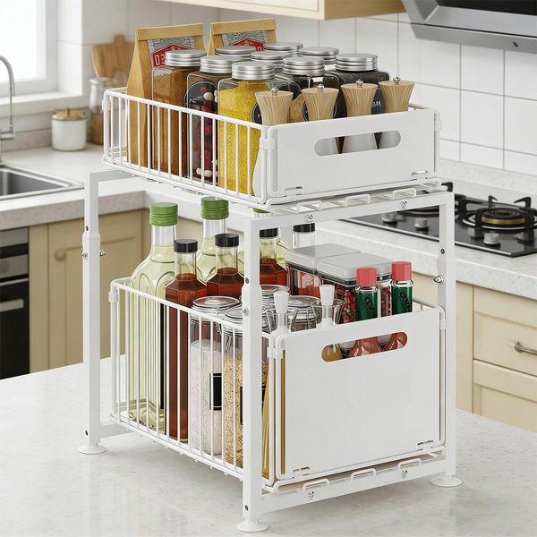 Organizer Per Armadio Da Cucina A 2 Ripiani Sotto Il Lavello, Organizer Per Armadio Lavello, Scaffale A Cassetti Bianco-image