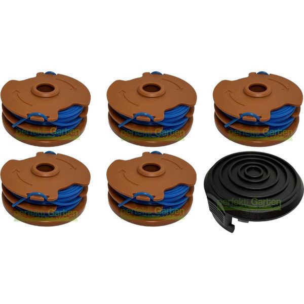 5 Bobine Di Filo + Cappuccio Per Worx Wg 109 110 112 113 115 117 118 WA0008 Decespugliatore-image
