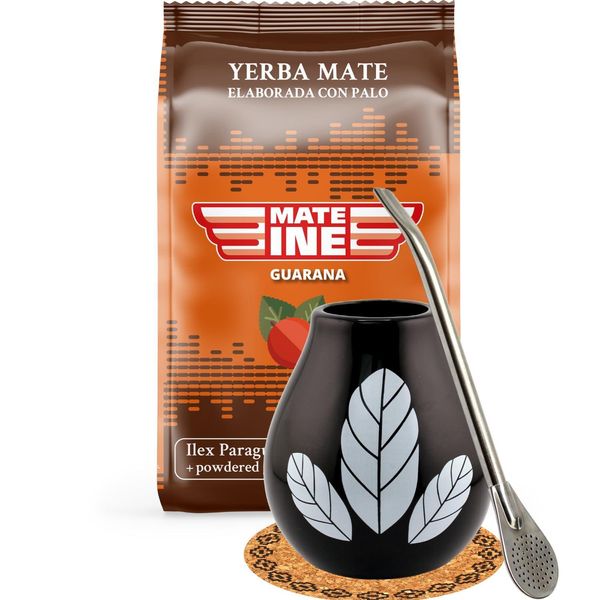 Set Per Tè Mateine Yerba Mate - Yerba Mate Mateine Guarana 500 G, Tazza In Ceramica Per Tè Mate Hoja Black 350 Ml. Bombilla 19 Cm - Tè Yerba Mate Del Paraguay-image
