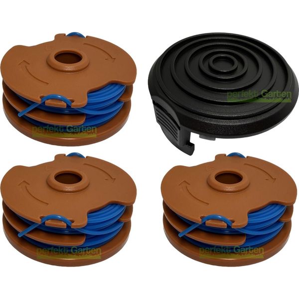 3 Bobine Di Filo + Cappuccio Per Worx Wg 109 110 112 113 115 117 118 WA0008 Decespugliatore-image