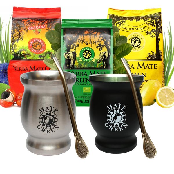 Set Tè Mate Green Yerba Mate - Mate Green200 G, Mate Green Lemon 200 G, Mate Green Guarana 200 G - Tazza Da Tè In Acciaio 220 Ml Argento E Nero-image