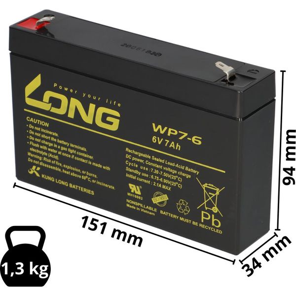 Batteria Kung Long WP7-6 6V 7Ah Agm Al Piombo Senza Manutenzione 6Volt-image