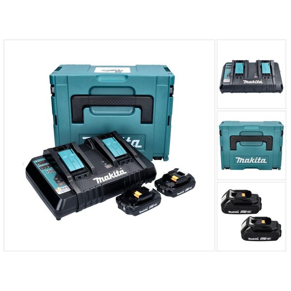 Kit Alimentatore Makita 18 V Con 2X Batteria Bl 1820 B 2,0 Ah ( 2X 197254-9 ) + Caricatore Rapido Doppio Dc 18 Rd ( 196933-6 ) + Makpac-image