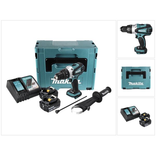 Makita Dhp 458 Rmj Trapano Avvitatore Con Percussione A Batteria 18V 91Nm In Valigetta Makpac + 2X Batterie 4,0 Ah + Caricabatterie-image
