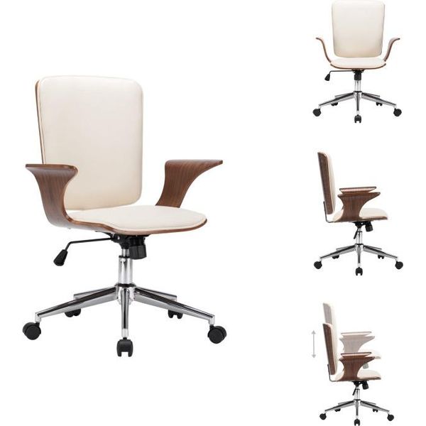 Vidaxl Sedia Da Ufficio Girevole In Pelle Finta Crema E Legno Curvato - Sedie Da Ufficio-image