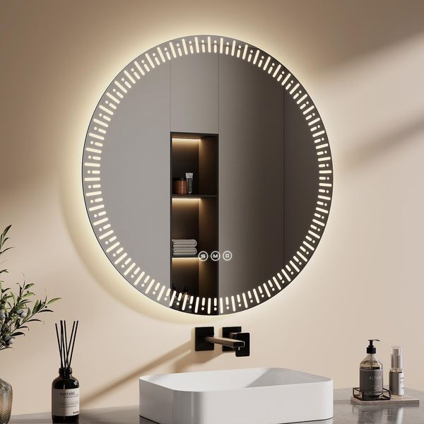 Emke Specchio Da Bagno Con Illuminazione Specchio A Led Da 80 Cm Senza Nebbia, Dimmerabile A 3 Colori Di Luce Specchio Da Bagno Rotondo Da Parete Con Interruttore A Sfioramento-image