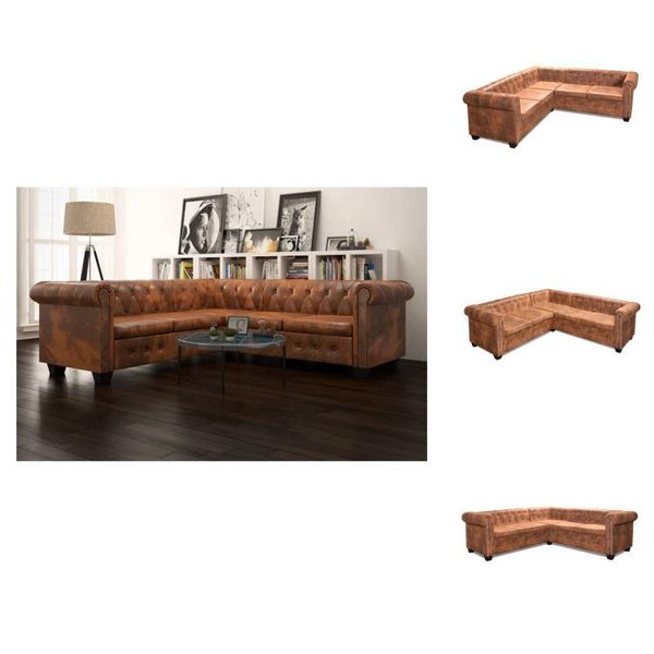 Vidaxl Divano Angolare Chesterfield 5 Posti In Pelle Finta Marrone - Divani-image