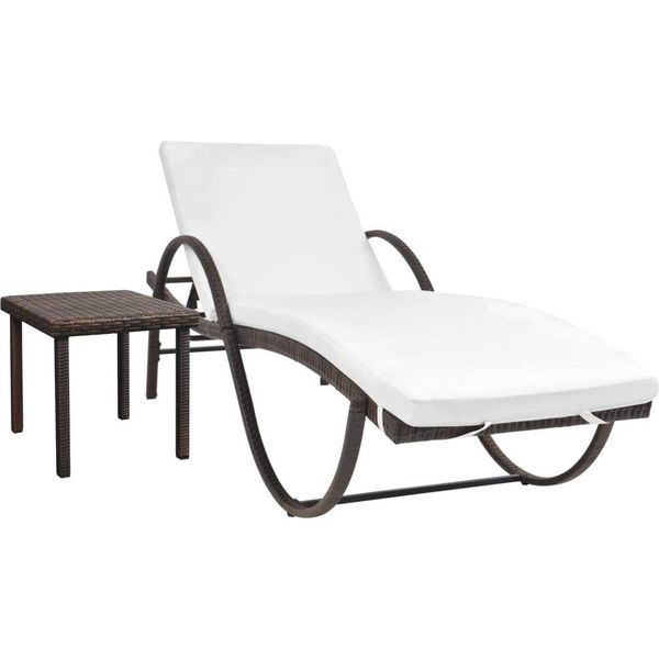 The Living Store Lettino Con Cuscino E Tavolino In Poly Rattan Marrone-image