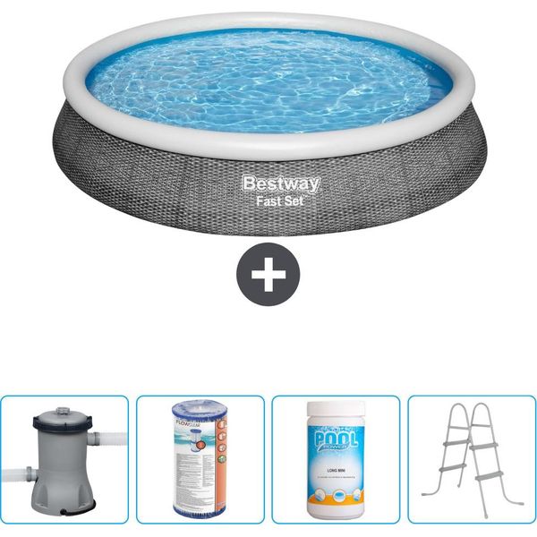 Piscina Gonfiabile Rotonda Bestway - Stampa Rattan - 396 X 84 Cm - Inclusa Pompa - Filtro - Cloro - Scaletta-image