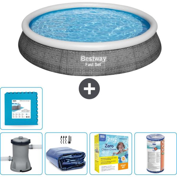 Set Piscina Gonfiabile Rotonda Bestway - Stampa Rattan - 396 X 84 Cm - Inclusa Pompa Tenda Da Sole - Pacchetto Manutenzione - Filtro - Pavimento In Piastrelle-image