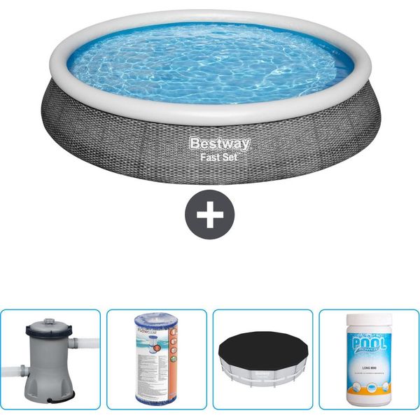 Bestway Piscina Gonfiabile Rotonda Ad Ambientazione Rapida - Stampa Rattan - 396 X 84 Cm - Inclusa Pompa - Filtro - Copertura - Cloro-image