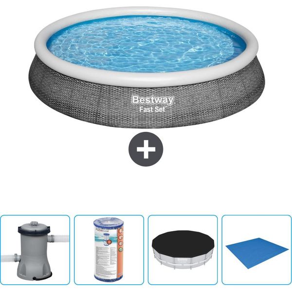 Piscina Gonfiabile Rotonda Bestway - Stampa Rattan - 396 X 84 Cm - Inclusa Pompa - Filtro - Copertura - Telo Di Fondo-image