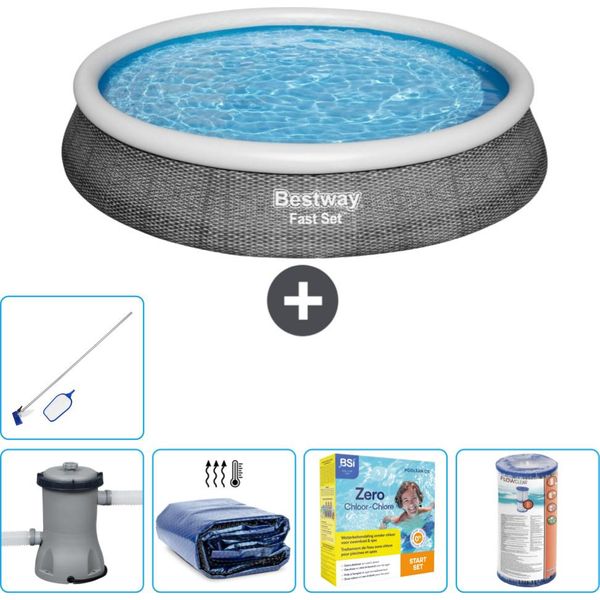 Set Piscina Gonfiabile Rotonda Bestway - Stampa Rattan - 396 X 84 Cm - Inclusa Pompa Tenda - Pacchetto Manutenzione - Filtro - Kit Pulizia-image