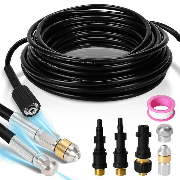 Set Di Tubi Per La Pulizia Dei Tubi Clanmacy 10M, Con Ugelli Rigidi + Rotanti, 3 Adattatori, Per Idropulitrici Standard, Set Universale Per La Pulizia Dei Tubi-image