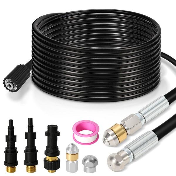Set Di Tubi Per La Pulizia Dei Tubi Clanmacy 15M, Con Ugelli Fissi + Rotanti, 3 Adattatori, Per Idropulitrici Standard, Set Universale Per La Pulizia Dei Tubi-image