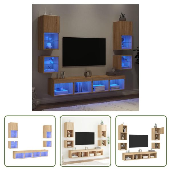 The Living Store Parete Attrezzata A 8 Pezzi Con Illuminazione A Led Materiale In Legno Rovere Sonoma-image