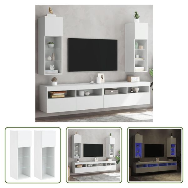 The Living Store Mobili Tv Con Luci Led 2 Pz. Bianco 30,5X30X90 Cm-image