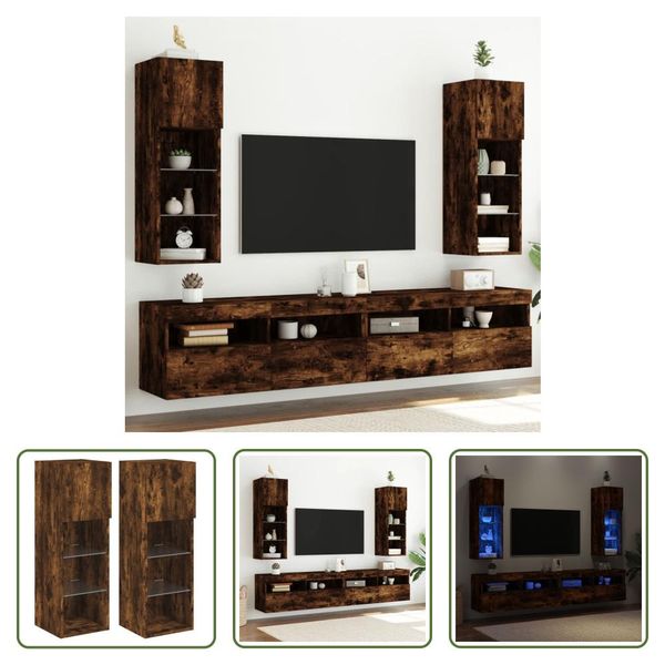 The Living Store Mobili Tv Con Luci Led 2 Pz. Rovere Fumé 30,5X30X90 Cm-image