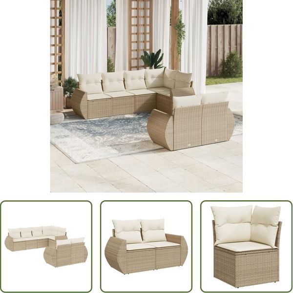 The Living Store Set Di Divani Da Giardino 7 Pezzi Con Cuscini Beige Poly Rattan-image