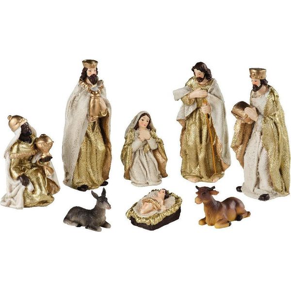 Set Di Statuine Per Culla Da 8 Pezzi Color Crema E Oro, Dipinte A Mano-image