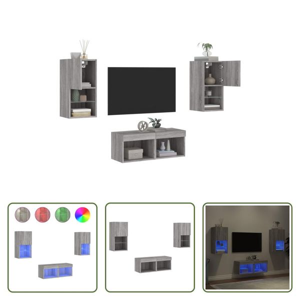 The Living Store Parete Tv 4 Pezzi Con Luci Led Grigio Sonoma-image