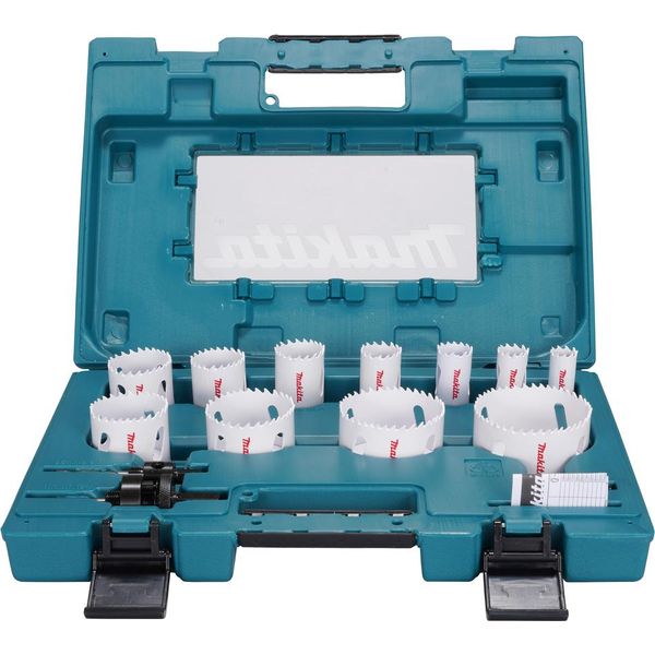 Set Seghe A Tazza Makita Bim Contiene: 19 / 22 / 25 / 29 / 35 / 38 / 44 / 51 / 57 / 68 / 75 Mm - (2X) Adattatore - Molla-image