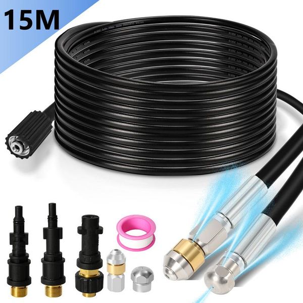 Set Di Tubi Per La Pulizia Dei Tubi Jayseuw 15M, Con Ugelli Fissi + Rotanti, 3 Adattatori, Per Idropulitrici Standard, Set Universale Per La Pulizia Dei Tubi-image