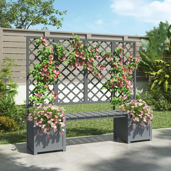Flieks Fioriera A Letto Rialzato Con Traliccio, Fioriera Con Sedile, Fioriera Per Piante, Fioriera Per Giardino Esterno, 169X145X42Cm, Grigio-image